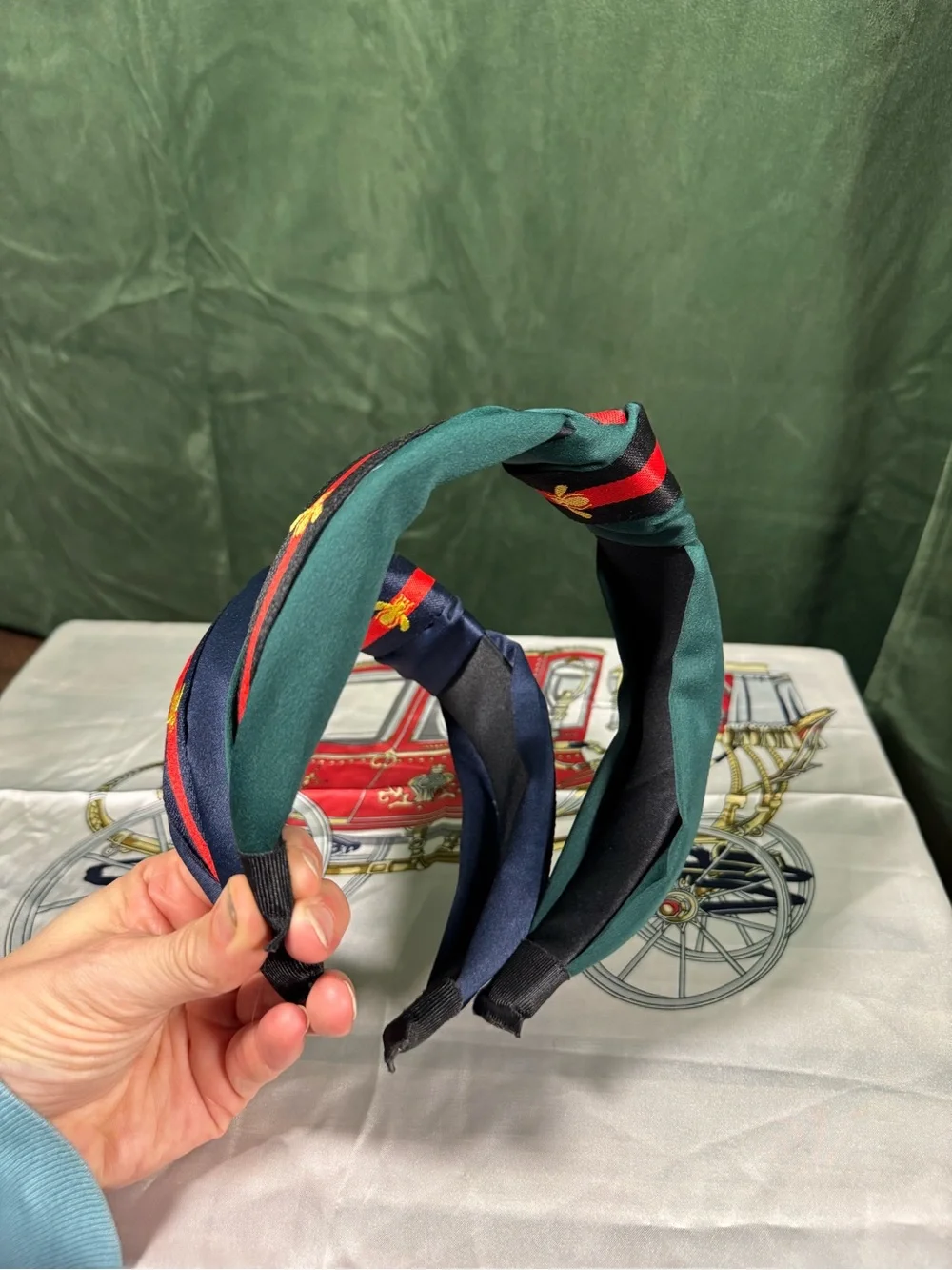 Set of 2 Striped Knot Headbands in Green/Black/Red and Navy/Red